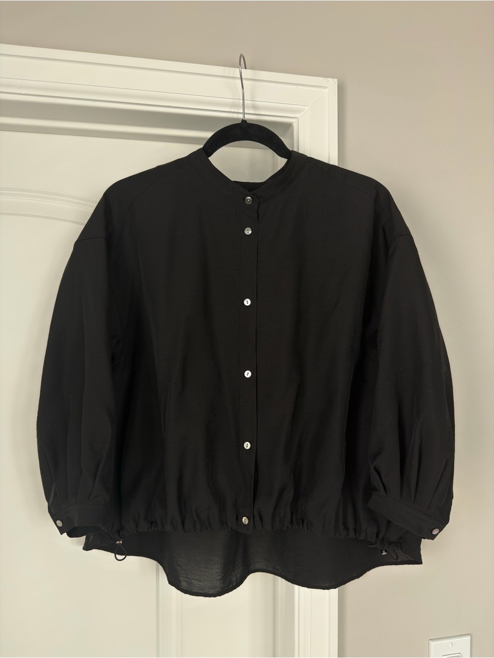 Black Minimalist Pearl Button Down Blouse